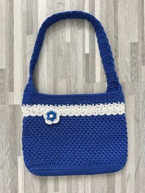 Handmade Blue and White Crocheted Bag with Flower